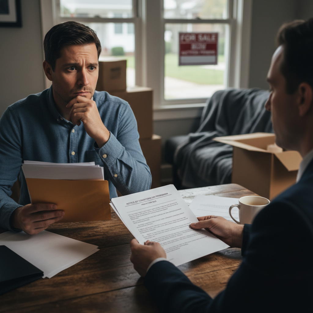 attachment; filename=Ein Mieter erhält ein rechtliches Dokument mit Bedingungen für eine mögliche Räumung nach einer Zwangsversteigerung und zeigt Besorgnis und Unsicherheit über seine Wohnsituation.
