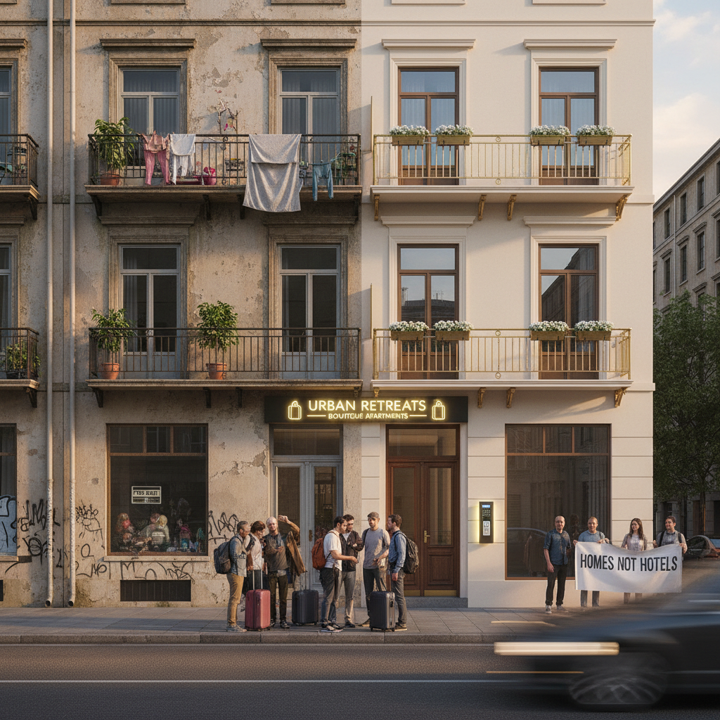 attachment; filename=Ein kinoreifes, realistisches redaktionelles Foto, das die Umwandlung eines normalen Wohngebäudes in eine touristische Unterkunft einfängt und die Auswirkungen von Kurzzeitvermietungen auf den Wohnraum zeigt.
