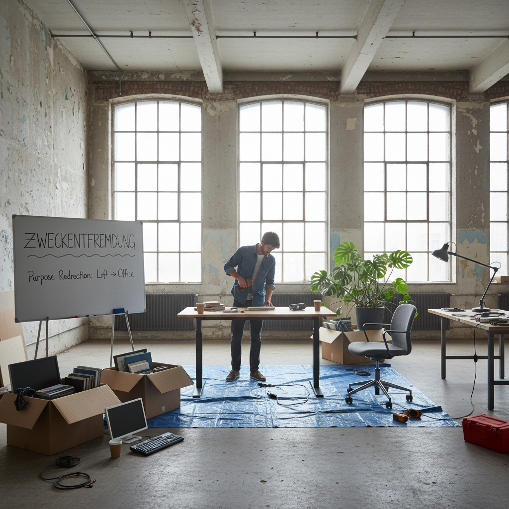 attachment; filename=Ein kinoreifes, realistisches redaktionelles Foto, das eine leere Wohnung zeigt, die in ein Home-Office umgewandelt wird, um das Konzept der Zweckentfremdung zu veranschaulichen.